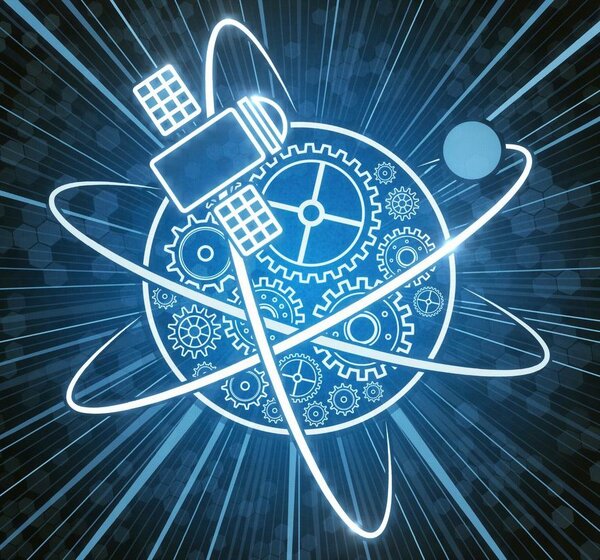 Image showing a 3D illustration of an engineer’s planet.Against a dark blue background is an illustration of the concept of an engineer’s planet. The outline of the planet is in glowing white with glowing cogs inside, orbited by a satellite and a moon.