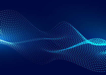 Image showing an artists concept of a particle wave Against a dark blue background is a glowing blue image of a wave composed of small particle of light.