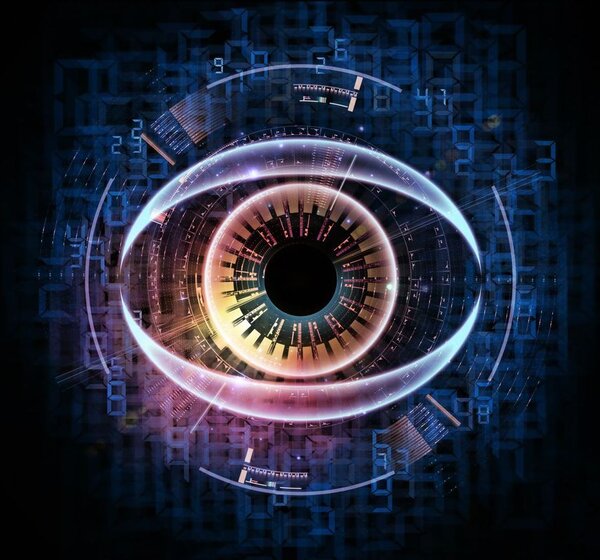 Image showing an artists concept of a digital eye. Against a black background is an artists concept of a digital eye. The central black pupil is surrounded by a glowing iris set into an eye socket of glowing blue numbers.