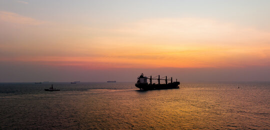 A container ship sails at sunset. A smaller ship passes nearby and five more container ships carry cargo on the horizon.