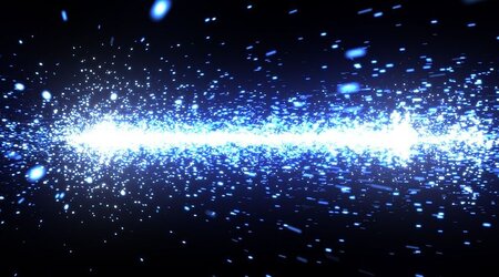 A band of blue-white sparks of light is set horizontally against a dark background