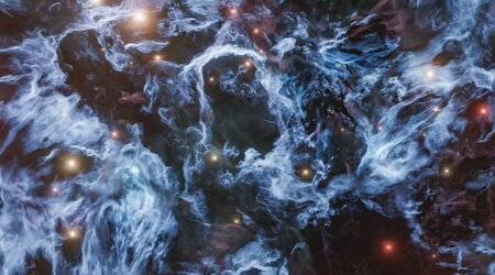 An artists concept of a nebula. Blue streamers of interstellar gas are embedded with bright red or white stars