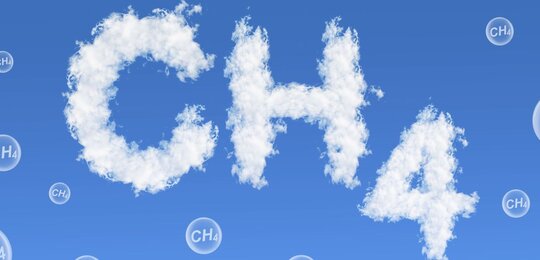 Clouds in a blue sky forming the characters “C, H, 4” (methane)