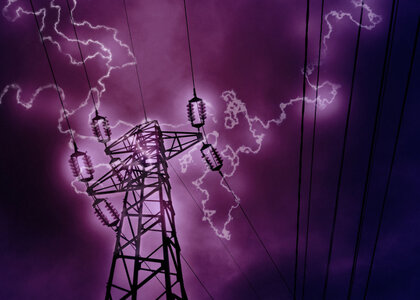 image showing Lightning hitting a high voltage tower