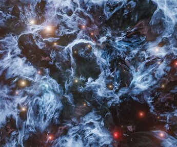 An artists concept of a nebula. Blue streamers of interstellar gas are embedded with bright red or white stars