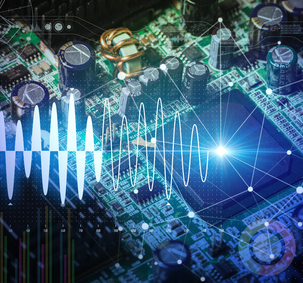 Image showing an electronic circuit board with graphical waveform overlay
