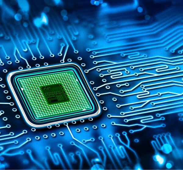 Closeup of a microchip on a motherboard