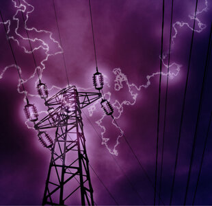 image showing Lightning hitting a high voltage tower