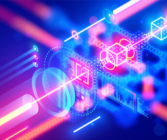 Quantum computing. Close up of optical CPU process light signal. Quantum computer of glowing qubits. Laser ray signal transmitting digital signal in chip or processor. Abstract technology background