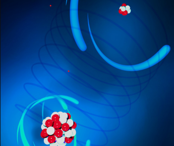 Artistic representation of the ion pair: laser cooled Be+ (top right) and highly charged Ar13+ (bottom left). Image courtesy of PTB