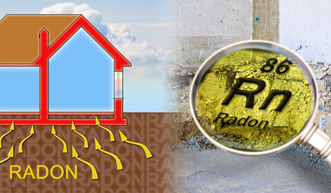 On the left of the image is a schematic of a house and how the radioactive gas radon enters from the ground and on the right is a magnifying glass with the words “86 Rn Radon”