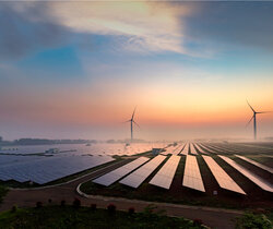 Image showing Sunrise at a solar power plant
