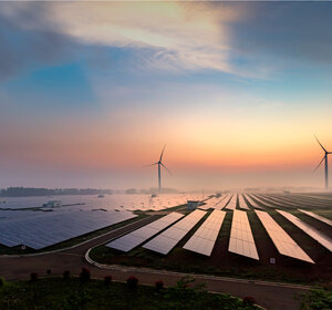 Image showing a solar power plant at sunrise