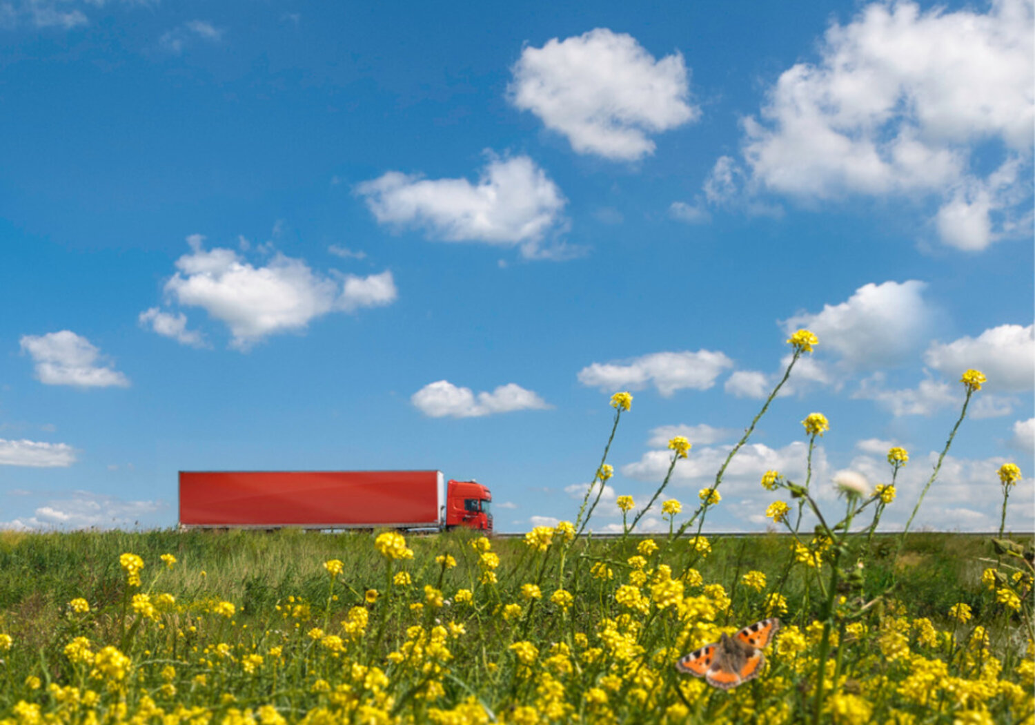 Image showing a long red transport truck in a flower filled landscape
