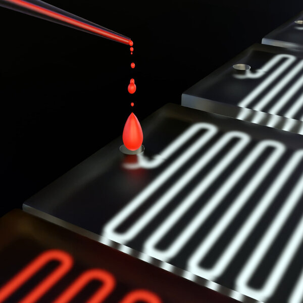 Image showing Isolated microfluidic chip with blood sample inside of micropipette 3d rendered in the black background 